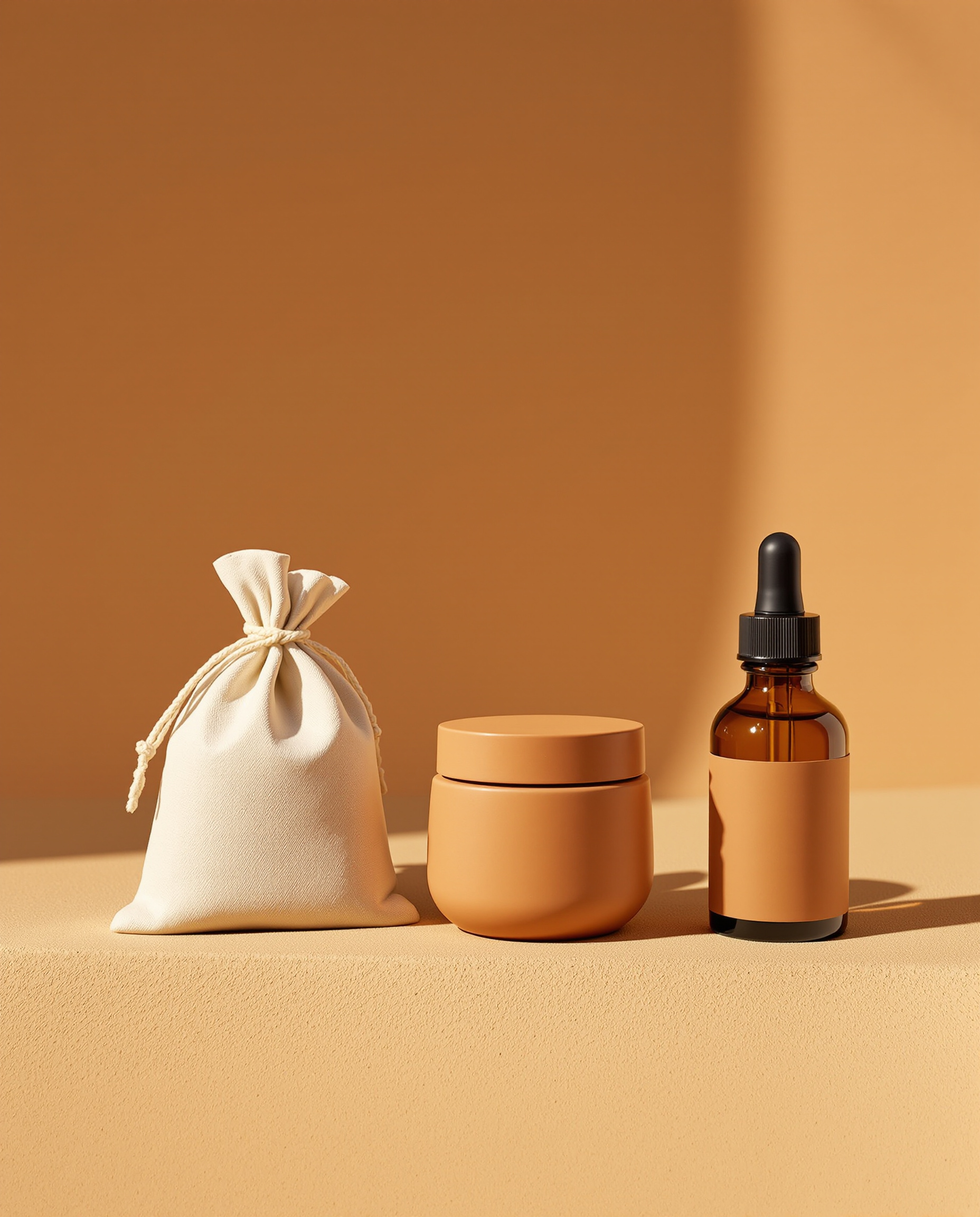 A fictional warm-toned product line: a pouch, a jar and a dropper bottle