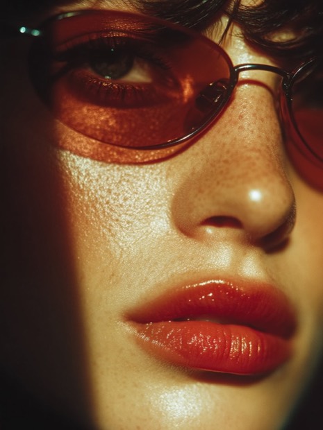 Close-up of a woman's face in red-tinted sunglasses